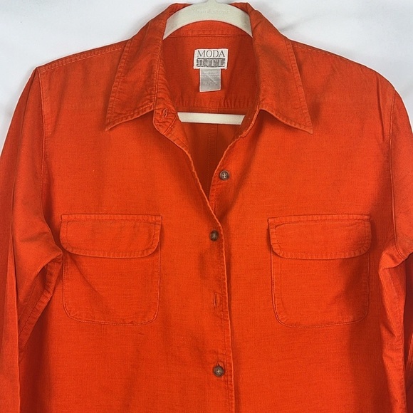 Moda International corduroy long sleeve pockets button down shirt Sz L Orange - Picture 5 of 11
